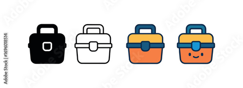 Vector icon lunchbox same pose same proportions four styles black solid glyph outline minimal flat multicolor filled cartoon flat shaded.