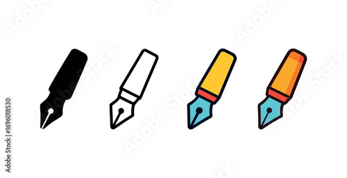 Vector icon fountain pen same pose same proportions four styles black solid glyph outline minimal flat multicolor filled cartoon flat shaded.
