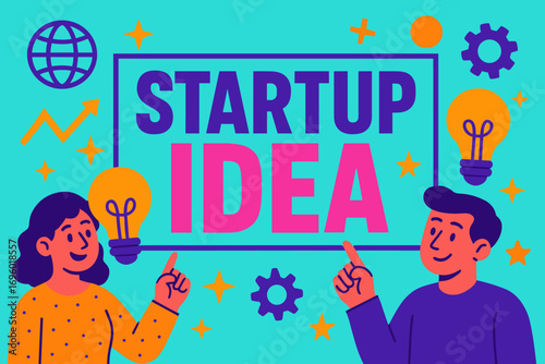 Startup Idea banner flat vector illustration bold oversized text inside rectangular frame cartoon characters pointing with light bulbs bright solid colors in neon cyan vivid purple hot.