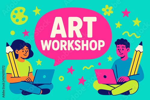 Art Workshop banner flat vector illustration bold oversized text inside rounded blob cartoon characters sitting with pencils and laptops bright solid colors in neon pink vivid turquoise.