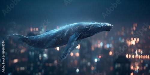 Whale flying over cityscape fantasy art digital painting surreal ocean dreamlike cityscape background