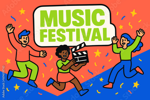 Music Festival banner flat vector illustration bold oversized text inside outline cartoon characters jumping with clapper board bright solid colors in neon coral lime green cobalt blue high.