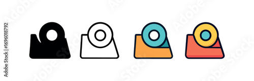 Vector icon tape dispenser same pose same proportions four styles black solid glyph outline minimal flat multicolor filled cartoon flat shaded.