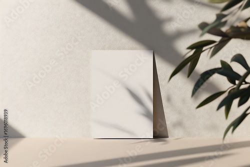 vertical business card mockup leaning against wall with shadow 