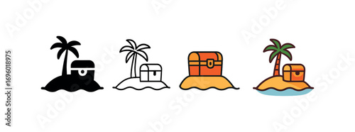 Vector icon island with treasure chest same pose same proportions four styles black solid glyph outline minimal flat multicolor filled cartoon flat shaded.