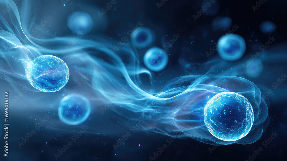 Obraz premium Blue cell vapor swirling science abstract glowing medical biology microscopic floating futuristic mysterious energy smooth dynamic digital background research health organism particle transparent