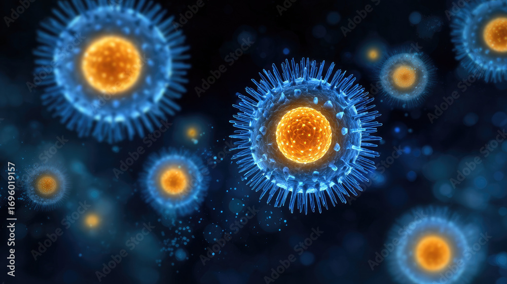 Obraz premium Blue virus particle spiky outer shell glowing orange core floating dark background microscopic view scientific futuristic infectious digital art vibrant detailed