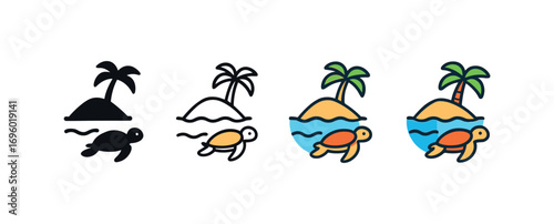 Vector icon island with sea turtles same pose same proportions four styles black solid glyph outline minimal flat multicolor filled cartoon flat shaded.