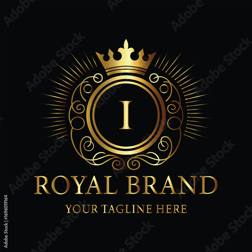 Elegant Gold Royal Brand Logo with Crown and Letter I