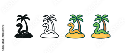 Vector icon island with snakes same pose same proportions four styles black solid glyph outline minimal flat multicolor filled cartoon flat shaded.