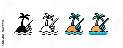 Vector icon island with fishing net same pose same proportions four styles black solid glyph outline minimal flat multicolor filled cartoon flat shaded.