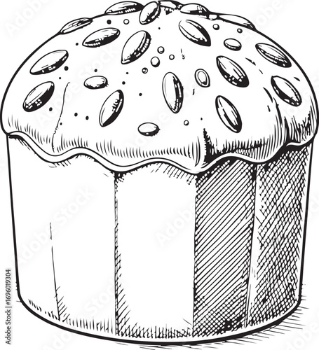 Panettone Easter Cake Vector Illustration, Sketch Drawing Line Linear Symbol Icon Engraving Coloring Book, Hand-drawn Doodle Black and White Isolated