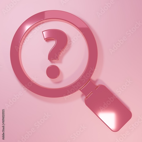 Pink Unknown search icon isolated on pink background. Magnifying glass and question mark. Minimalism concept. 3D render illustration