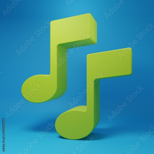 Green Music note, tone icon isolated on blue background. Minimalism concept. 3D render illustration