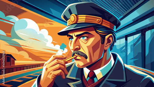 Close-up portrait of male train conductor blowing whistle. Isolated background reflects authority, tradition, and discipline.