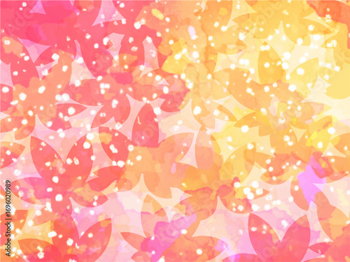 秋の紅葉のイメージの背景素材。水彩風テクスチャー。紅葉の葉っぱのシルエット。かわいい色調。透過した光の重なりのイメージ。