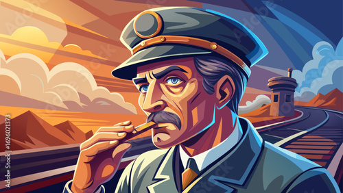 Close-up portrait of male train conductor blowing whistle. Isolated background reflects authority, tradition, and discipline.