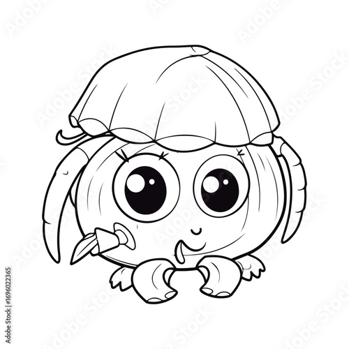 A black and white drawing of a baby Hermit crab kawai coloring page illustration.