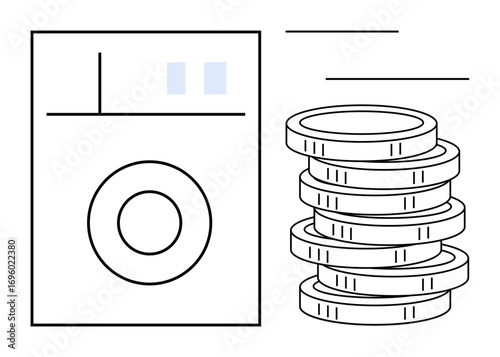 Washing machine beside stacked coins highlighting savings, cost efficiency, financial planning, value, energy efficiency. Ideal for finance, budgeting, home appliances, sustainability modern living