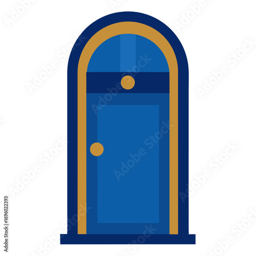 Blue door with dark blue frame and gold knob vector on white background.