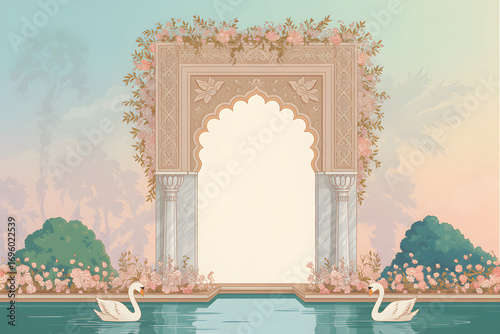 An elegant vector illustration of an Indian archway decorated with flowers, with two swans in a pool, perfect as a wedding invitation template.