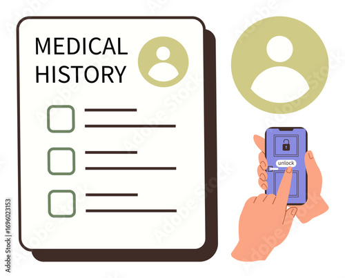 Hand unlocking smartphone with fingerprint, medical history document, profile icon. Ideal for e-health, healthcare, data security, patient records, digital access privacy technology themes. Simple