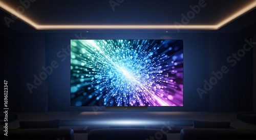 Immersive cinematic experience with vibrant abstract light explosion on screen