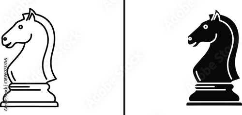 Chess Knight Silhouette: A striking vector illustration captures the iconic chess knight in both stark black and white silhouettes, emphasizing strategy, intellect, and classic game elements.