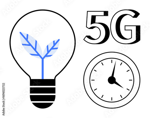 Light bulb with a leaf symbolizing green energy, bold 5G for advanced connection, and a clock for efficiency. Ideal for innovation, sustainability, technology, time management, progress, clean