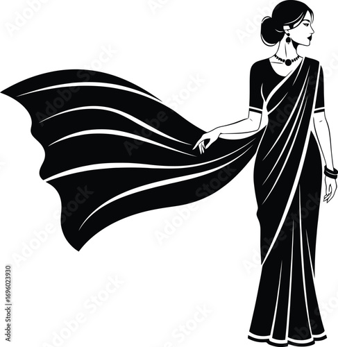 Elegant indian woman in sari line art style