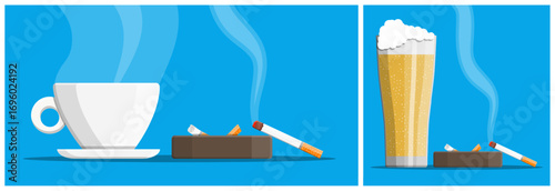 Cup coffee with cigarette and beer glass on blue background. Bad habits concept. Addiction and unhealthy lifestyle.