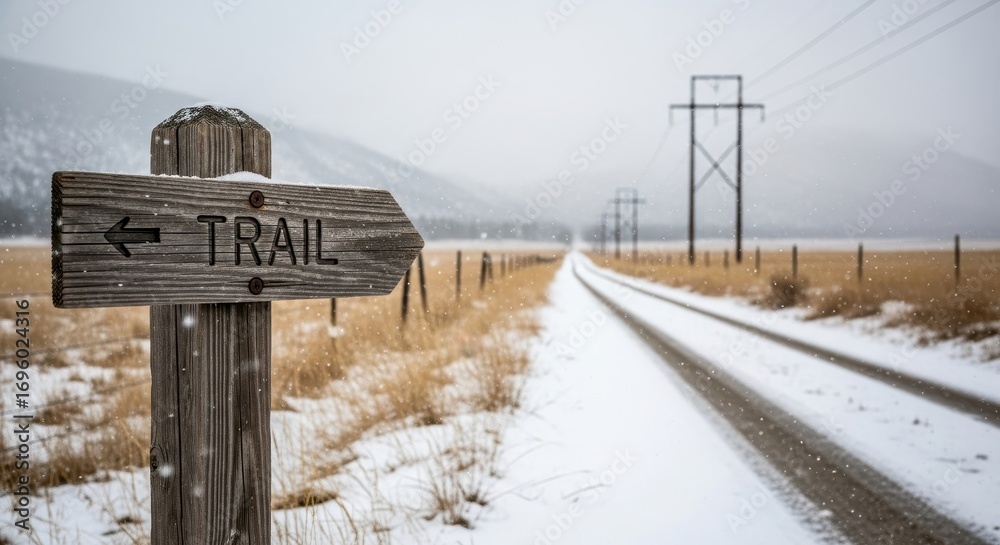 Naklejka premium Snowy Trail Sign Directing to Nature's Path