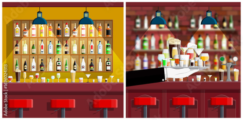 Bar counter with shelf of alcohol bottles behind and waiter hand holding tray of drinks. Restaurant pub interior flat style illustration.