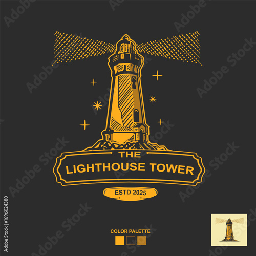 Vintage Lighthouse Tower Logo with Retro Engraving Style