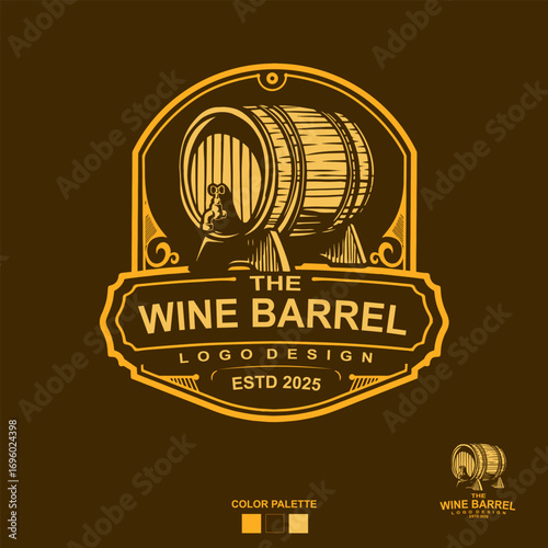 Vintage Wine Barrel Logo with Retro Engraving Style