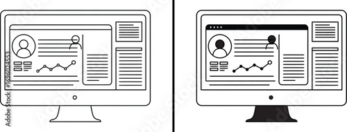 Data Dashboard Interface: A conceptual illustration showing two desktop monitors with data dashboard interfaces, visualizing data insights and analytics for business operations.