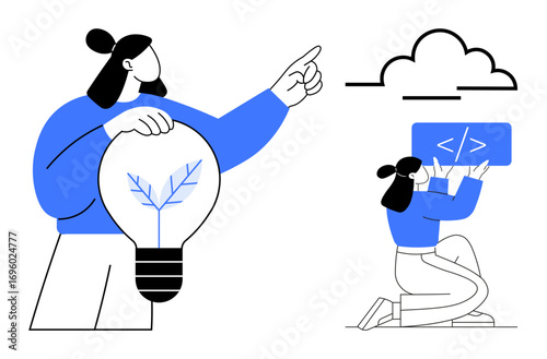 Woman holding a glowing tree-inside-light-bulb, symbolizing innovation, while another works on coding under a cloud icon. Ideal for innovation, teamwork, creativity, programming, sustainability
