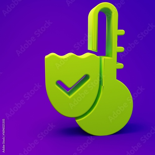 Green Meteorology thermometer measuring icon isolated on purple-blue background. Thermometer equipment showing hot or cold weather. Minimalism concept. 3D render illustration