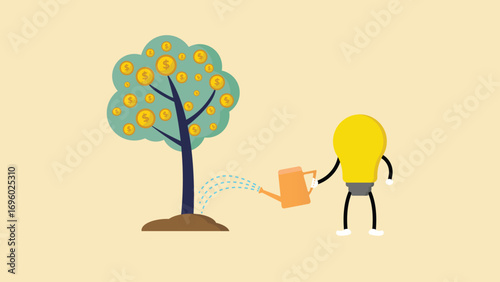 The idea of ​​a money tree business is to water a growing money tree seedling with coin flowers. Planting and growing a money tree. Financial growth and investment. Planting a money tree, business 
