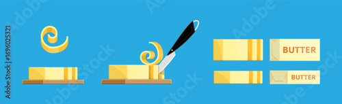 Set of butter illustrations. Block of butter, butter curl, and wrapped butter. Dairy food product concept for cooking.
