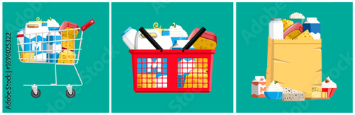 Dairy product set, shopping cart, basket. Milk, cheese, butter, yogurt, cream, kefir. Store market grocery food. Flat style vector.