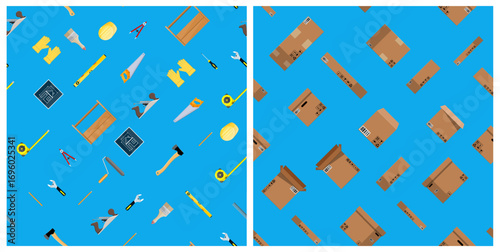 Construction tools and carton box pattern set. Home repair and delivery flat style background for carpenter or moving company.