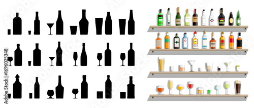 Bar with different bottles and glasses of alcohol flat style vector illustration. Alcohol store concept. Set for graphic design.