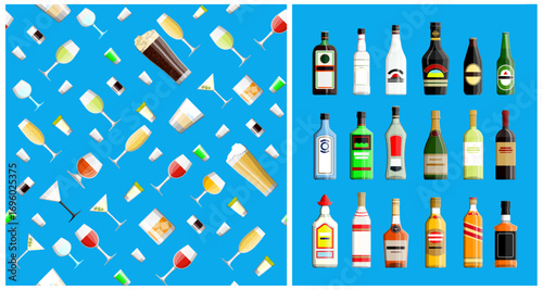 Alcoholic drinks bottle and cocktail glass set. Alcohol beverage bar and restaurant liquid assortment concept.