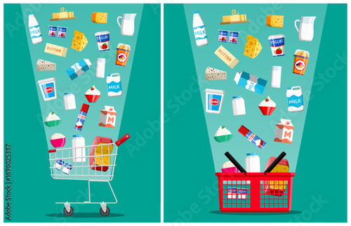 Dairy product falling into a shopping cart and a basket. Supermarket food concept, healthy and organic farm ingredient.