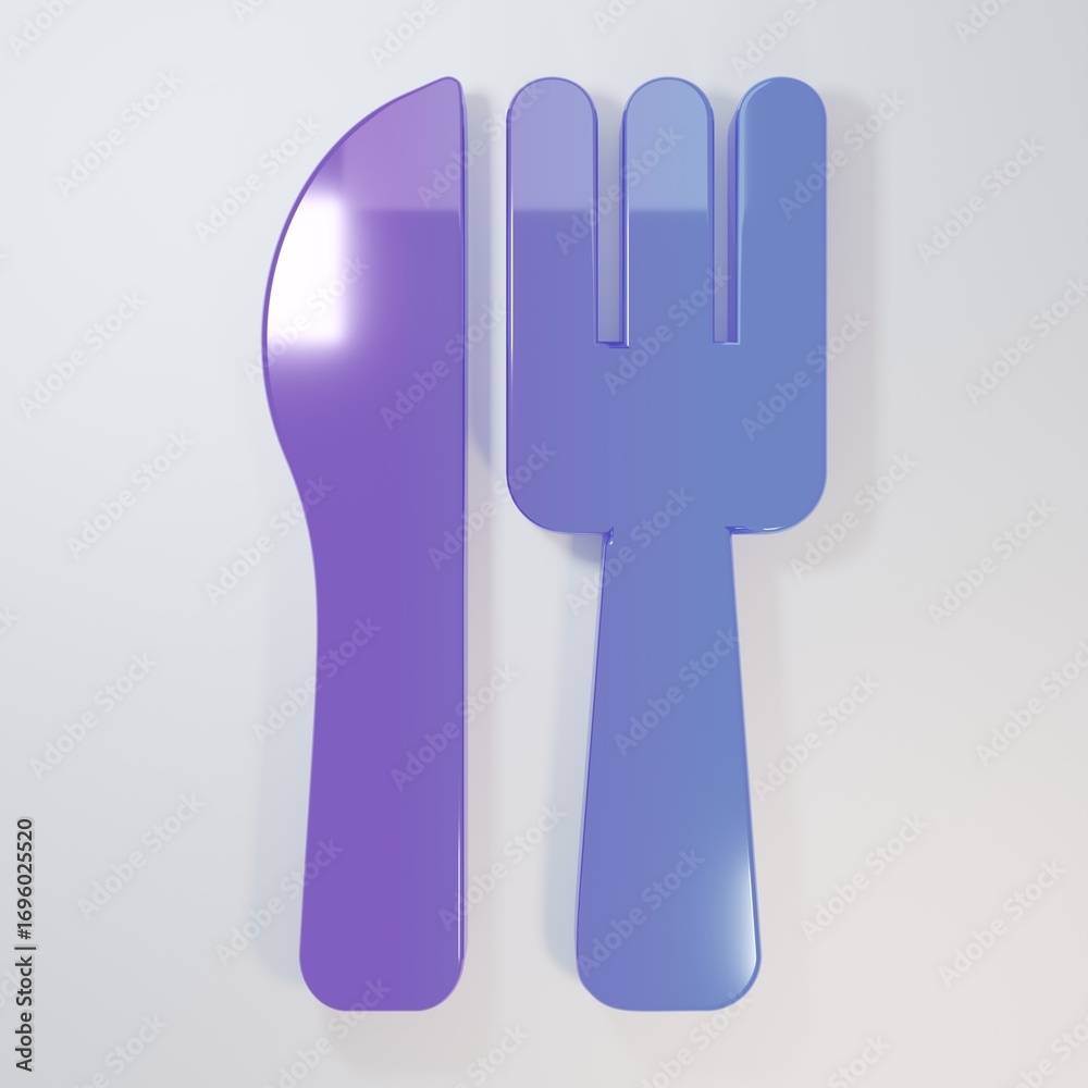 Fototapeta premium Purple-blue Crossed knife and fork icon isolated on grey background. Cutlery symbol. Minimalism concept. 3D render illustration