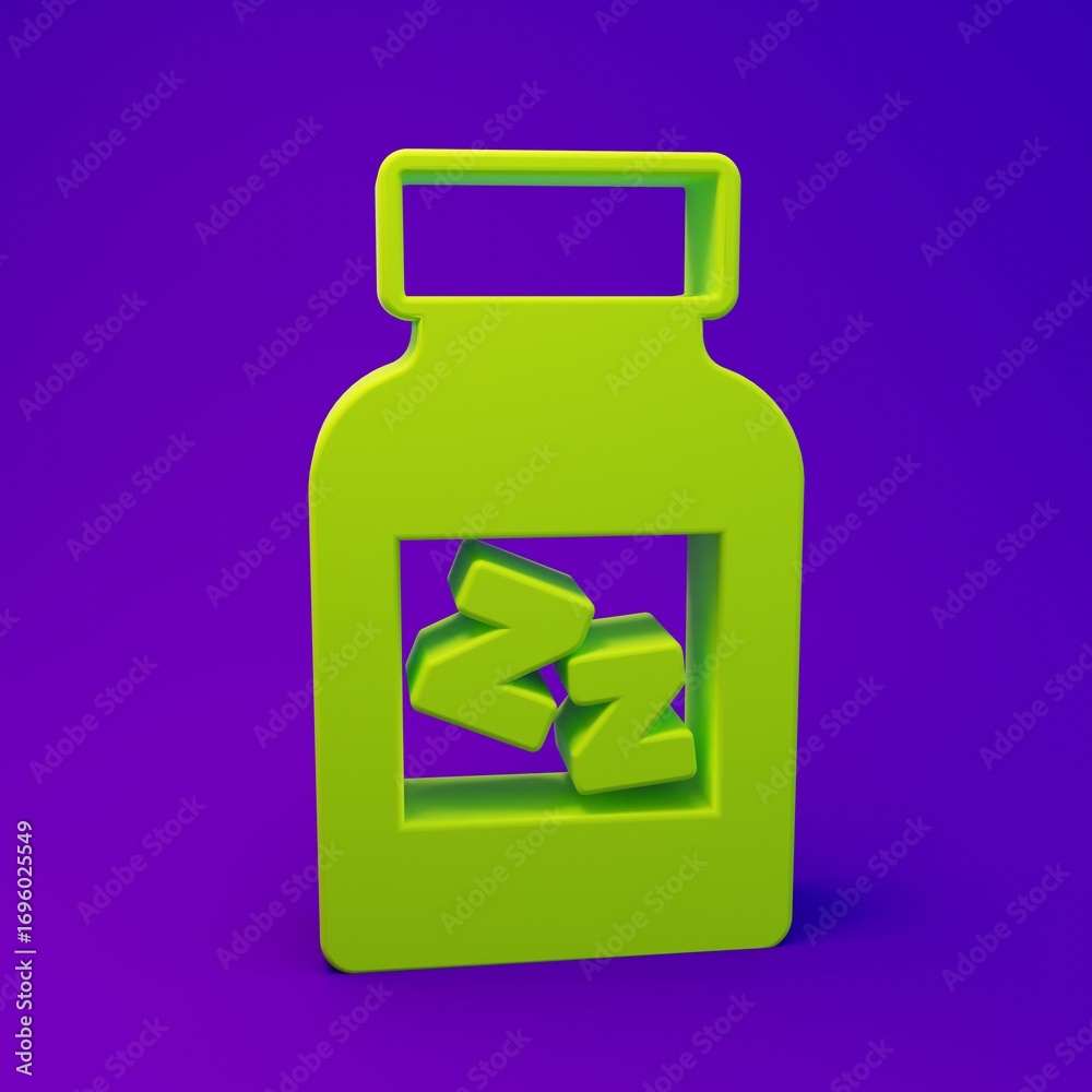 Fototapeta premium Green Sleeping pill icon isolated on purple-blue background. Minimalism concept. 3D render illustration