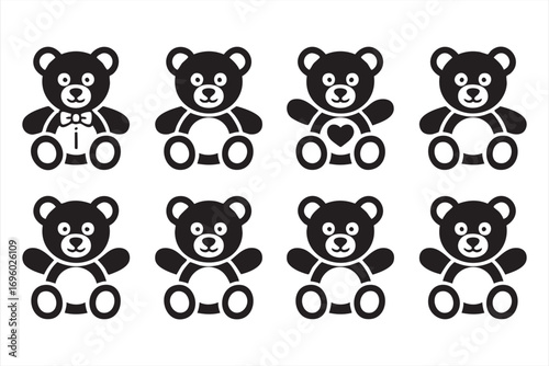 Children’s Toy Icon Pack Featuring Teddy Bears in Silhouette Style