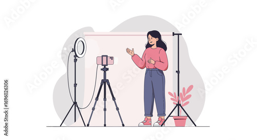 Modern Content Creation Setup with Ring Light and Smartphone Tripod