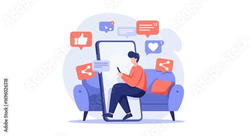 Digital Engagement on Smartphone with Social Media Icons and Armchair